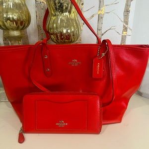 Coach red leather tote and wallet